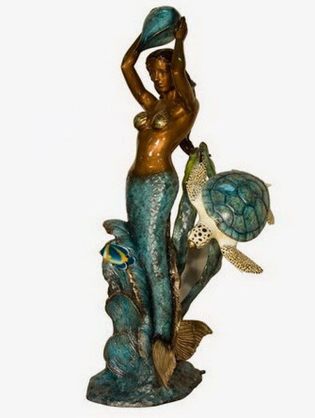 Life Size Bronze Mermaid with Sea Turtle and Shell Statues Sculptures